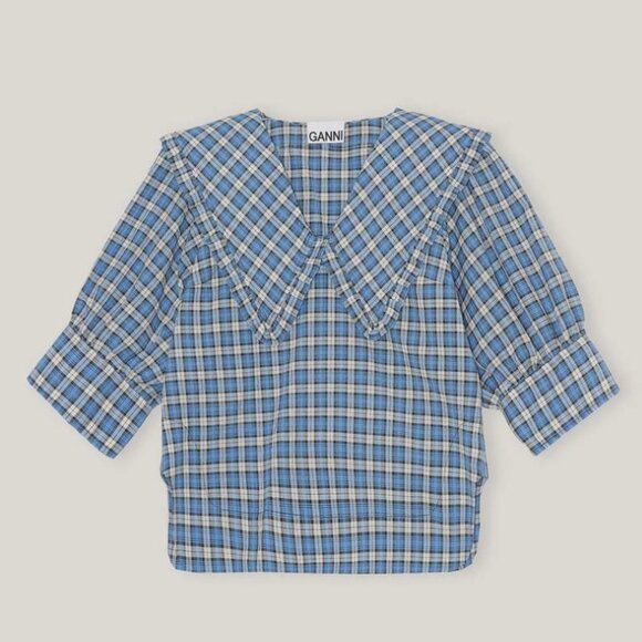 GANNI Seersucker Check V-Neck Ruffle Blouse in Azure Blue - Picture 4 of 14